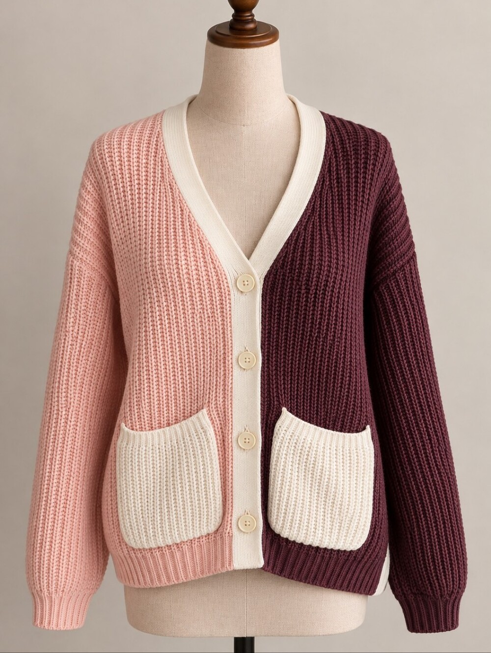 Twik by Simons Colorblock Knit Cardigan Pink Burgundy Ivory Size Small